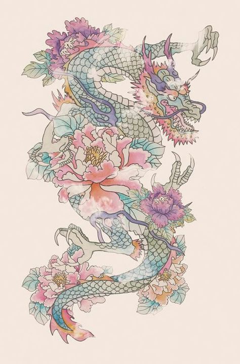 A pastel colored, dragon tattoo idea. Dragon Tattoo Sketch, Tattoo Dragon, Kunst Tattoos, Tattoo Zeichnungen, Arrow Tattoo, Dragon Tattoo Designs, Celtic Tattoos, Flower Sketches, Skull Tattoos