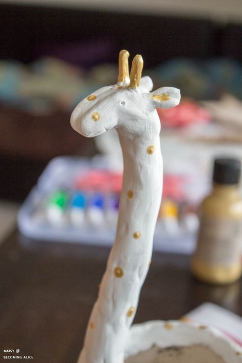 DIY Easy Modelling Clay Giraffe Planter | Homestead Herbs & Healing | holistic living Clay Pot Giraffe, Air Dry Clay Giraffe, Ceramic Giraffe, Giraffe Ceramics, Giraffe Ceramic Sculpture, Giraffe Crafts, Gold Acrylic Paint, Clay Planters, Modeling Clay