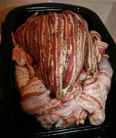 Turducken - Stuffed Thanksgiving Birds Turducken Recipe, Turkey Bacon Wrap, Wrapped In Bacon, Pork Bacon, Chicken Stuffed, A Duck, Bacon Wrapped, A Chicken, Oui Oui