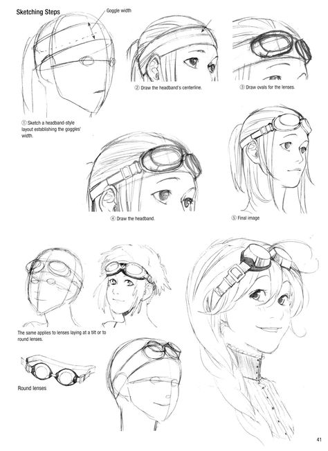 Sketching Goggles Anime Goggles Drawing, Goggles Art Reference, Goggle Drawing Reference, Goggles Pose Reference, Googles On Head Reference, How To Draw Eyepatch, Beret Drawing Reference, How To Draw Goggles On Head, Goggles Character Design