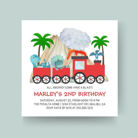 Train Birthday Party Invitations, Dino Tracks, Khaki Background, Train Invitation, Train Birthday Party, Cute T Rex, Party Dinosaur, Dinosaur Train, Dinosaur Birthday Invitations