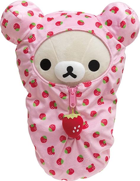 Korilakkuma Strawberry, Pink Sleeping Bag, Rilakkuma Plushie, Comfy Decor, Rilakkuma Plush, Strawberry Pattern, Kawaii Core, Kawaii Plushies, Toy Brand