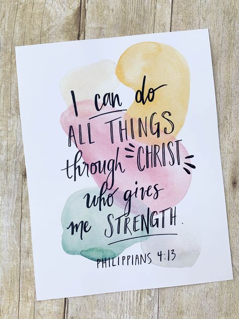 Celebrate the beauty of God's Word with this  hand-painted watercolor and hand-drawn calligraphy artwork featuring Philippians 4:13: " I can do all things through Christ who gives me strength." This digital download combines soft, delicate watercolor tones with elegant lettering to create an inspiring and meaningful piece for your home, office, or as a thoughtful gift. Perfect for framing, adding to your Bible journaling, or incorporating into your DIY projects. Details: *High-resolution digital file (600 DPI) *Size: 18x24" (ready to print) *Instant download--no physical product will be shipped Uses: *Wall art for home, church, or office *Printable gift for loved ones *Inspirational decor for Bible study areas Note: Colors may vary slightly depending on your monitor and printer settings. A Bible Verse Calligraphy, Bible Verse Painting, Scripture Artwork, Elegant Lettering, Calligraphy Artwork, Bible Verse Cards, Calligraphy Words, Delicate Watercolor, Painting Quotes