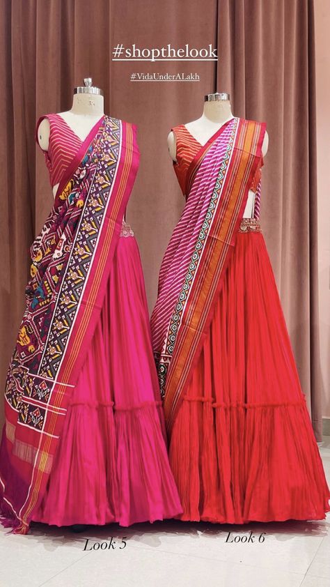 Bandini Dupatta For Half Saree, Langa Choli Fashion Styles, Patola Outfit Ideas, Skirts For Navratri, Patola Half Saree Designs, Bandhani Half Saree, Mangalagiri Lehenga Designs, Lehenga With Patola Dupatta, Patola Half Sarees