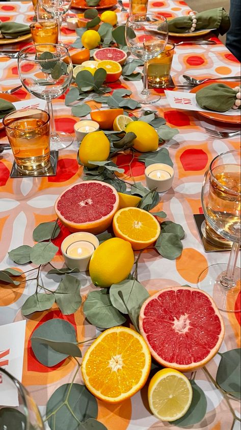 70s Event Decor, Hippy Dinner Party, Food Centrepiece, Groovy Dinner Party, 70s Dinner Party Table Settings, 70s Tablescape, 70s Table Setting, 60s Table Setting, 1970s Dinner Party