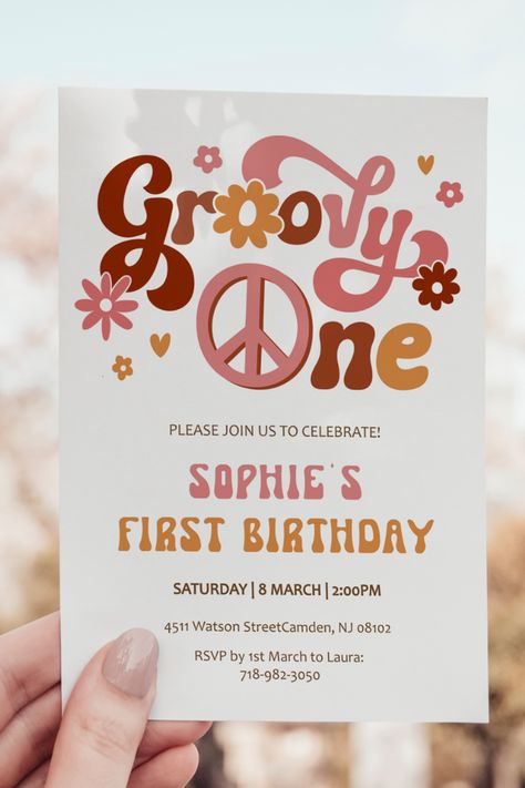 Get ready to groove and celebrate your little one's first birthday with our groovy one invitation! #groovyone #groovyoneinvitation #invitation #birthday #party Groove One Birthday Party, Groovy One First Birthday Activities, Groovy One Invitations, First Birthday Girl Groovy One, Groovy 1st Birthday Party Girl, One Groovy Baby Birthday, Groovy 1st Birthday, Groovy One First Birthday, First Birthday Activities