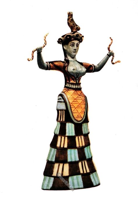 The Snake Goddess from Knossos. Priestess in Minoan Crete 2000 B.C. Crete Fashion, Minoan Goddess, Minoan Fashion, Ancient Hairstyles, Prehistoric Fashion, Minoan Snake Goddess, Writing Setting, Ancient Minoan, Fertile Crescent