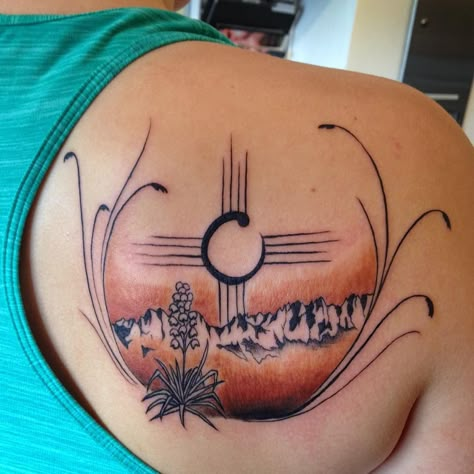 New Mexico tattoo on my friend @shebeadragon. Thank you for coming to see me, Christina! #newmexico #newmexicotattoo #zia #ziatattoo… New Mexico Tattoo Ideas, Mexico Tattoo Ideas, New Mexico Tattoo, Desert Tattoo, Mexico Tattoo, Country Tattoos, Native Tattoos, Rune Tattoo, Anklet Tattoos