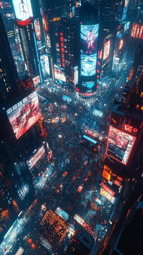 Birds Eye View City, Crowds Of People, City At Night, People Walking, Cyberpunk Aesthetic, Cyberpunk City, Arte Cyberpunk, Cyberpunk Style, Futuristic City