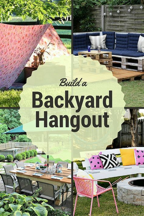 Build a backyard hangout in your yard with one of these creative DIY designs. Outside Hang Out Area, Yard Hangout Ideas, Teenage Backyard Hangout, Backyard Hangout Ideas Diy, Diy Outdoor Sitting Area On A Budget, Outdoor Hangout Area Diy, Teen Backyard Hangout, Backyard Hangout Area, Teen Outdoor Hangout