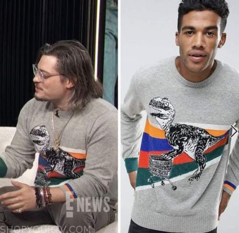 E! News: March 2023 Andrew Lawrence's Grey Dinosaur Sweater Check more at https://www.shopyourtv.com/e-news-march-2023-andrew-lawrences-grey-dinosaur-sweater/ Andy Lawrence, Lawrence Brothers, Andrew Lawrence, Dinosaur Sweater, March 2023, Fan, Grey, Tv, Clothes