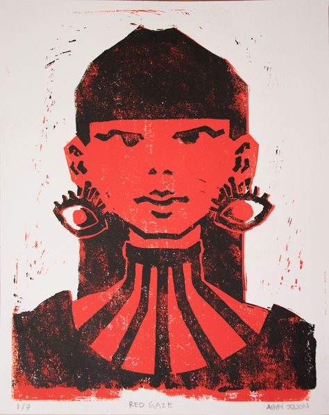 Linocut Prints 2 Color, Red Black Illustration, Cool Linocut Prints, Reduction Lino Printing, Reduction Printmaking Ideas, Linocut Prints Portraits, Reduction Lino Print Ideas, Screen Print Stencil, Color Reduction Printmaking