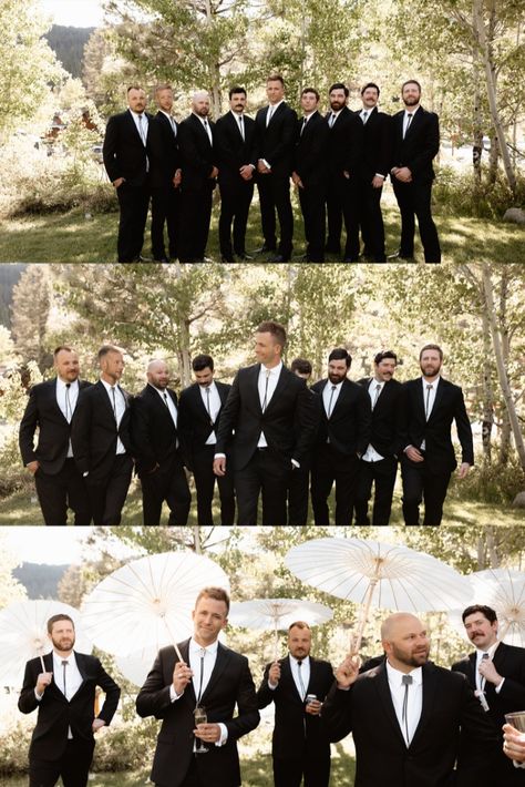 The groom is wearing our classic, pearlescent Graveyard Point Plume Agate Bolo Tie and the groomsmen are wearing our all black, Snake River Blackjack Bolo Tie. Photo by Madison Maltby Black Suit With Bolo Tie, Groomsmen In Bolo Ties, Bolo Tie Tuxedo, Tux With Bolo Tie, Black Tie Desert Wedding, Bolo Tie Wedding Groomsmen, Groomsmen Bolo Ties, Bolo Tie Groomsmen, Bolo Tie Wedding Groom