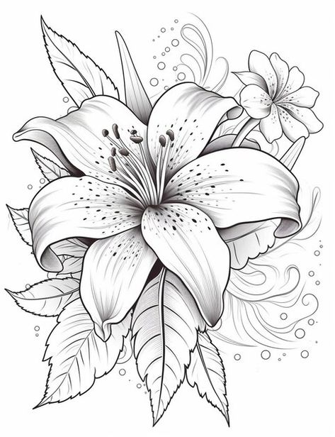 Cool Flower Designs, Tattoo Flower Stencil, Lily Tattoo Stencil, One Color Drawing, Flower Drawing Color, Floral Art Drawing, Flowers Art Drawing, Flower Draw, Lily Drawing