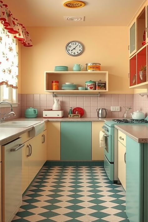 kitschy kitchen inspo Retro Kitchen Ideas, Kitschy Kitchen Decor, Quirky Accessories, Retro Glassware, Diner Decor, Farmhouse Style Table, Vintage Appliances, Whimsical Wall Art, Kitschy Kitchen