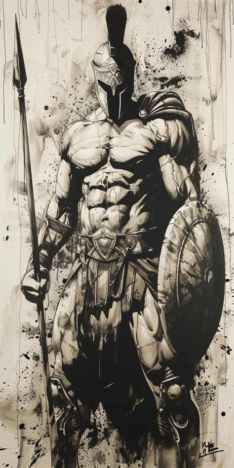 Spartan Warrior Drawing, Warrior Drawing Male, Spartan Drawing, Kratos Drawing, Warrior Black And White, Warrior Sketch, Sparta Tattoo, Sparta Warrior, Spartan Art