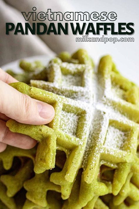 Close up on Pandan Waffle Stack Flavored Waffle Recipe, Pandan Waffle Recipe, Pandan Waffles, Green Waffles, Morning Recipes, Dessert Waffles, Waffle Recipe, Summer Breakfast, Quick Breakfast Recipes