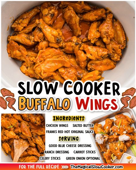 If you hate deep frying foods, try Slow Cooker Buffalo Wings instead! The slow cooker makes the hot wings tender, then popping them in the oven to make the classic crispy skin. Game day just got easier with this crock pot buffalo wings recipe. - The Magical Slow Cooker Buffalo Wings Recipe Crockpot, Wings Recipe Crockpot, Buffalo Wings Recipe Baked, Chicken Wings Crockpot, Buffalo Wings Recipe, Wings Recipe Baked, Slow Cooker Chicken Wings, Hot Wing Recipe, Magical Slow Cooker