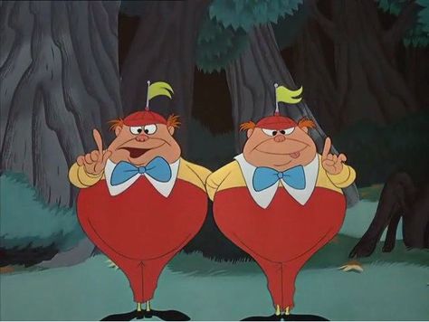 This is an illustration of Tweedle Dee and Tweedle Dum from Disney's 1951 version of Alice in Wonderland. They often quote poems and sing songs as well as pick on each other. They love being around others and always want to play a game. They also have the ability to multiply. Tweedle Dee Tweedle Dum, Alice In Wonderland Pictures, Walt Disney World Marathon, Tweedle Dum, Alice In Wonderland 1951, Alice In Wonderland Characters, Alice In Wonderland Disney, Tweedle Dee, Disney Version