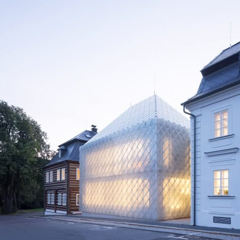 Translucent glass house built alongside historic buildings for Lasvit's Czech Republic HQ Translucent Wall, Studio Build, Timber Buildings, Institute Of Contemporary Art, Timber Structure, Translucent Glass, Traditional Building, Small Buildings, Concrete Structure