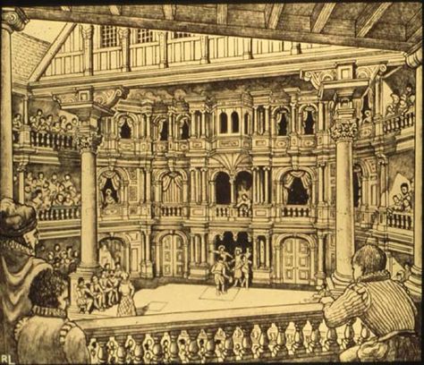 Elizabethan Theatre with Audience Elizabethan Theatre, Two Gentlemen Of Verona, Elizabethan Era, Shakespeare In Love, Globe Theater, Tudor Era, Uk History, Tudor History, London Theatre