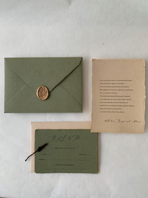 Olive Green Wedding Invites, Sage Green Envelope, Green Wedding Envelopes, Green Envelope Wedding Invitation, Moss Green Wedding Invitation, Green Letterpress Wedding Invitations, Olive Green Weddings, Minimalist Invitation, Green Invitations