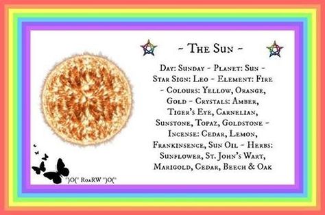 Planetary Correspondences for: The Sun Sun Correspondences, Planet Correspondences, Celestial Witchcraft, Planetary Correspondences, Daily Correspondences, Tarot Birth Card, Planetary Magick, Solar Witch, 4 Witches