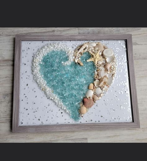 Shells On A Canvas, Sea Shell Bathroom Decor, Resin Beach Glass Art, Glass And Resin Art Projects, Sea Glass Resin Art Diy, Sea Glass And Resin Art, Resin Sea Glass Art, Seaglass Resin Art, Crushed Glass Crafts