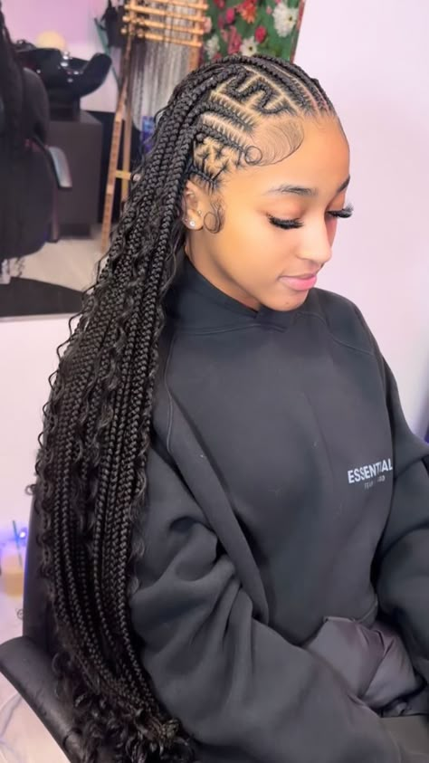 Feminine Braided Hairstyles, Fulani Twists With Curls, Freestyle Fulani Braids With Curls, Leave Out Braids, Cornrow Front Box Braid Back, Cornrows Braids With Curls, Fulani Braids With Curls At The End, Cornrows In The Front Box Braids In Back, New Trending Braids Hairstyles