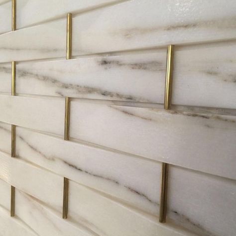 marble and brass tile - darci hether Statement Tiles, Marble Subway Tiles, Gold Tile, Marble Wall Tiles, Wood Tile Floors, Tile Trends, Unique Products Design, Best Kitchen Designs, Trendy Bathroom