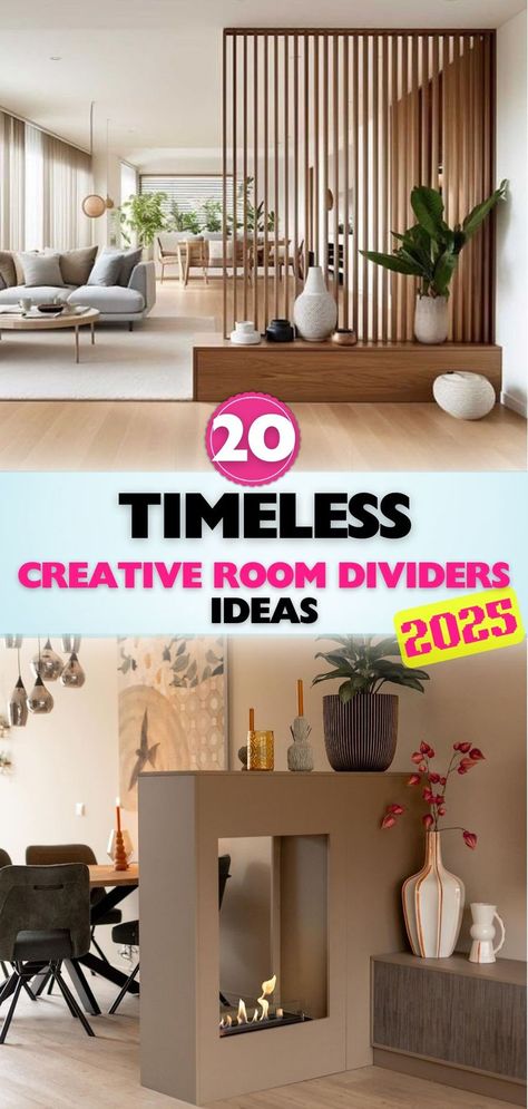 These cute room divider ideas are perfect for organizing and decorating your space, offering charming and practical solutions to make your home feel more inviting. Division Ideas For Living Room, Wall Divider Ideas Living Room, Useful Room Divider, Half Divider Wall Ideas, Flooring Separation Ideas, Sliding Room Divider Ideas, Home Office Partition Ideas, Clever Room Divider Ideas, Custom Room Divider