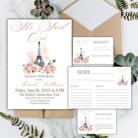 She Said Oui Paris Floral Bridal Shower Bundle, Parisian Theme Invitation Canva Template, Printable Ooh La La Registry, Recipe Cards Digital by Patterndigitpics on Etsy She Said Oui, Paris Bridal Shower, Parisian Theme, Floral Bridal Shower Invitations, Invitation Floral, Ooh La La, Invite Template, Floral Bridal Shower, Floral Bridal