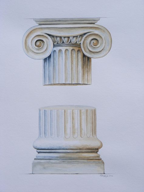 Stately Ionic column from Classical Greek architecture captured in watercolour. Reminiscent of Victorian engravings of architectural details, this painting would look good in both modern and traditional homes. Light and airy, the stone is delicately coloured in shades of warm ochres and cool blues. A matching pair of this column is available in the Corinthian column (see separate listing). Greek Column Drawing, Greek Architecture Painting, Painting Ideas Architecture, Greek Collums, Ionic Column Sketch, Greek Inspired Art, Ionic Column Drawing, Ancient Greek Interior Design, Greek Columns Drawing