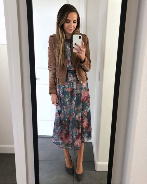 floral dress and suede jacket | merricksart.com Jacket Over Dress, Moto Jacket Outfit, Shirred Waist Dress, Casual Outfit Inspiration, Suede Moto Jacket, Stylish Coat, Instagram Outfits, Versatile Outfits, Feminine Dress