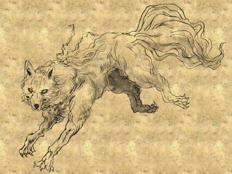 japanese folklore creatures - Google Search Japanese Mythical Creatures Art, Japanese Monsters Mythology, Kitsune Japanese Folklore, Japanese Wolf, Japanese Yokai Folklore, Yokai Drawing Japanese Folklore, Japanese Myth, Japanese Art Styles, Japanese Mythology