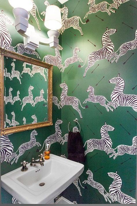 A roundup of one of my favorite wallpapers here used in powder rooms and bathrooms. A great idea where not many rolls are required for dr... Zebra Bathroom, Zebra Wallpaper, Powder Room Wallpaper, Statement Wallpaper, Green Apartment, Powder Room Design, Bold Wallpaper, Trendy Bathroom, Bathroom Wallpaper