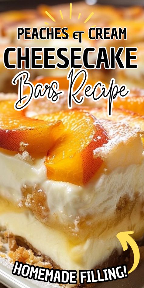 Peaches and Cream Cheesecake Bars Peach Pie Cheesecake Bars, Peaches And Cream Cheesecake Bars, Peaches And Cream Bars, Peach And Cream Cheese Dessert, Peach Cobbler Cheesecake Bars, Peach Cheesecake Bars, Peaches And Cream Cheesecake, Cookout Dessert, Peaches And Cream Recipe