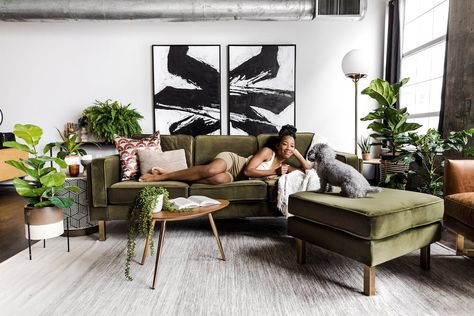 These Bestselling Furniture Pieces From Albany Park Will Make Your Space Feel Like Home Albany Park, Green Couch, A Living Room, Apartment Therapy, Olive Green, Sectional, Couch, Apartment, Velvet