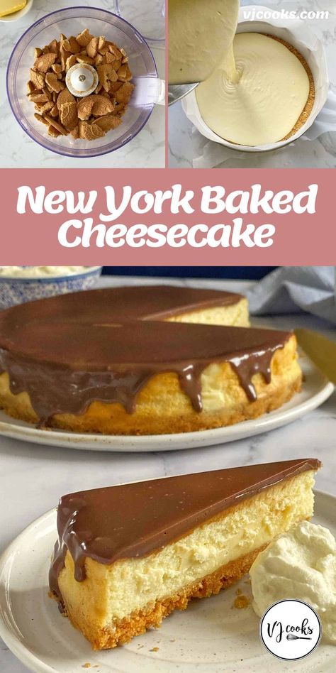 A New York style baked cheesecake made from a biscuit base topped with a lemon and cream cheese filling, then chocolate ganache. The base is made from plain biscuits crushed in the food processor then mixed with melted butter and lemon zest. The cream cheese filling is baked in the oven, then the whole cheesecake cools before adding the chocolate ganache on top. #vjcooks #bakedcheesecake #newyorkstylecheesecake Top Deck Chocolate, Plain Biscuits, Cheesecake With Chocolate Ganache, New York Baked Cheesecake, Cheesecake With Chocolate, Vj Cooks, Raspberry No Bake Cheesecake, Snickers Cheesecake, Biscoff Cheesecake