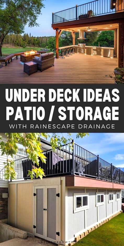 With an elevated, second-story deck, you can instantly double your functional outdoor area by installing Trex® RainEscape®. This innovative under-deck drainage system features an integrated network of troughs and downspouts that work together to capture rain, snow, and other precipitation and funnel it away from a deck. In addition to protecting the substructure from moisture damage and deterioration, it keeps the space beneath the deck dry so it can be used as additional living space. Deck Remodel Ideas, Second Story Deck Ideas, Pallet Platform, Under Deck Drainage System, Under Deck Drainage, Under Deck Storage, Patio Under Decks, Renovations On A Budget, Patio Redo