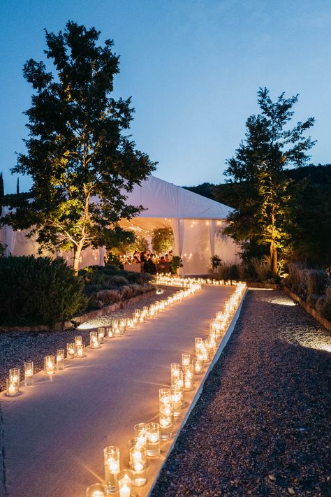 candles illuminate the walkway to their reception Candle Walkway, Wedding Walkway, Outdoor Tent Wedding, Italian Destination Wedding, Candlelit Wedding, Ancient Castle, Martha Weddings, Wedding Themed, Monthly Box