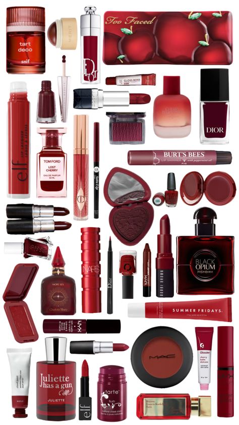 dark red makeup perfume polish #red #darkred #redaesthetic #darkredaesthetic #redmakeup #makeup #lipliner #redlipstick #dior #nyx #essie #perfume #toofaced #charlottetilbury #cherry #tomford #mac Red Cherry Aesthetic, Dark Red Makeup, Dark Red Cherry, Cherry Lipstick, Normal Makeup, Makeup Trial, Red Makeup, Makeup Aesthetic, Vintage Makeup