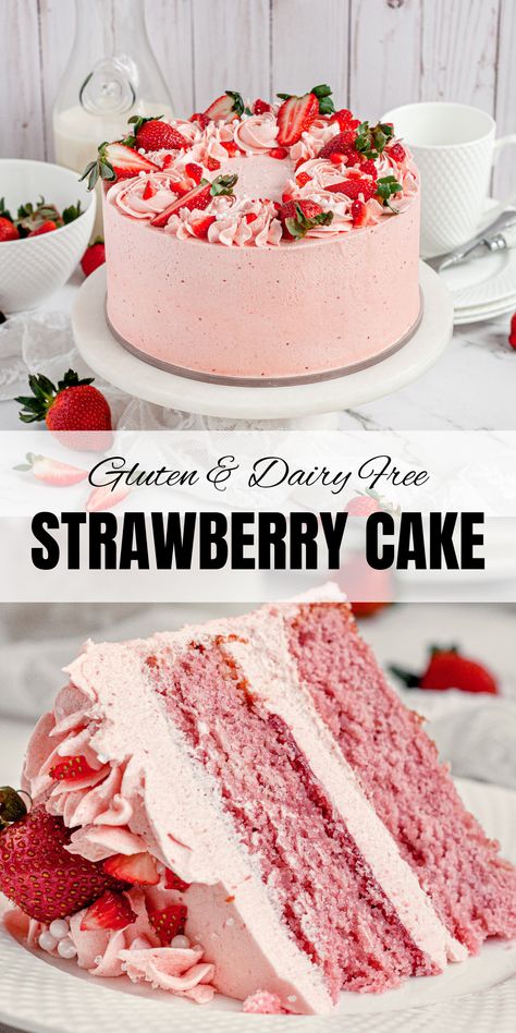 Fluffy gluten-free layers of real strawberry cake made with an easy strawberry reduction and covered in whipped strawberry frosting. This cake is pure strawberry delight. Dairy Free Strawberry Frosting, Gluten Free Victoria Sponge Cake, Dairy Free Cake Filling, Dye Free Strawberry Cake, Strawberry Cake Gluten Free, Gluten Free Layer Cake, Vegan Gluten Free Cake Recipes, Gluten Free Poke Cake, Gluten And Dairy Free Cake Recipes