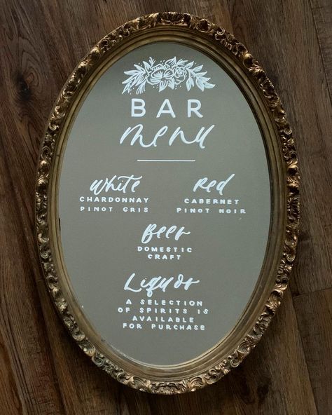 Bar Menu Mirror, Bar Mirror Sign, Mirror Bar Sign, Wedding Bar Sign Mirror, Mirror Bar Sign Wedding, Hobby Lobby Wedding, Bar Sign, Mirror Wedding Signs, Mobile Cocktail Bar