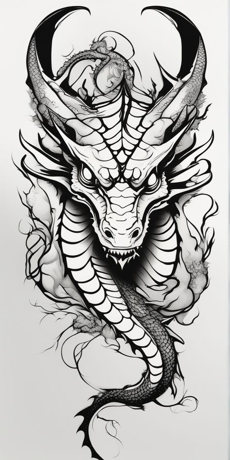 A minimalist black and white dragon tattoo design, sketched on a blank canvas. The dragon is rendered in simple, sleek lines, embodying a modern, minimalist aesthetic. Japanese Dragon Line Art, Dragon Doodle Art, Dragon Tattoo Sketch Simple, Black And White Dragon Tattoo, Dragon Calf Tattoo, White Dragon Tattoo, Dragon Tattoo Realistic, Dragon Black And White, Good And Evil Tattoos