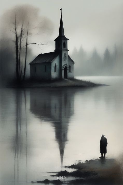 Old man by the lake Art Interior Paintings, Talking To God, Jesus Art Drawing, Rain Painting, Moody Art, Barn Painting, Nostalgic Art, Black And White Landscape, Charcoal Art