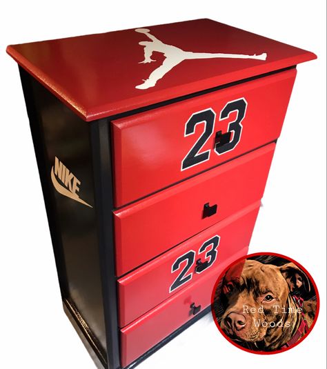 Nike Furniture, Jordan Shoe Box, Big Shoe Box, Basketball Themed Bedroom, Boys Room Diy, Nike Box, Boy Dresser, Jordan Shoe, Painted Nikes