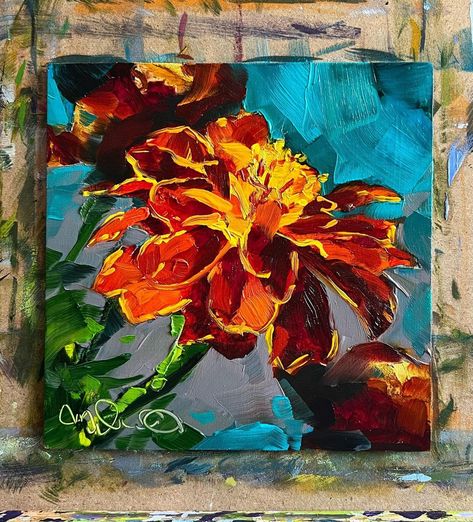 Marigold Flower Painting, Marigold Painting, Canvas Painting Flowers, Small Flower Painting, Ukrainian Painting, Marigold Art, Loose Watercolor Paintings, Art Challenges, Art Contest