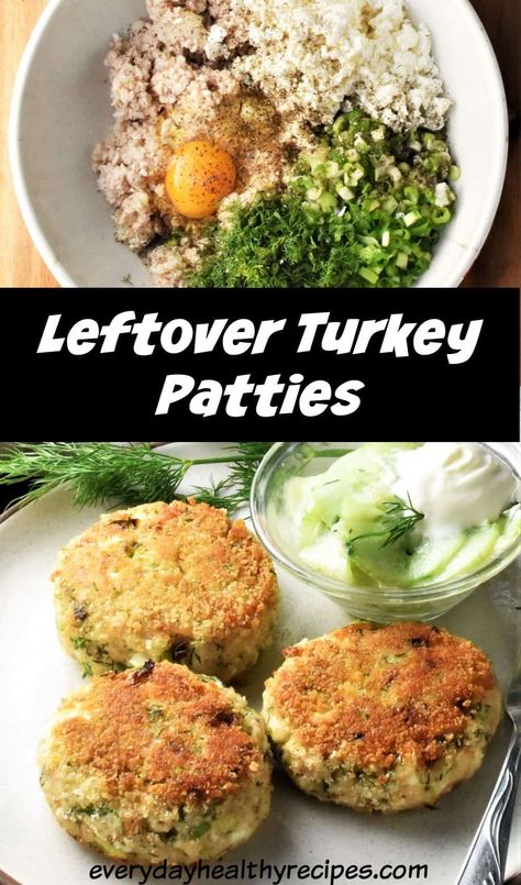 Turkey patties ingredients in bowl and 3 breaded patties on plate. Ideas For Turkey Leftovers, Turkey Patties Recipe, Recipes Using Leftover Turkey, Turkey Fritters, Turkey Cakes, Turkey Potato, Christmas Leftovers Recipes, Turkey Lunch Meat, Recipe For Turkey