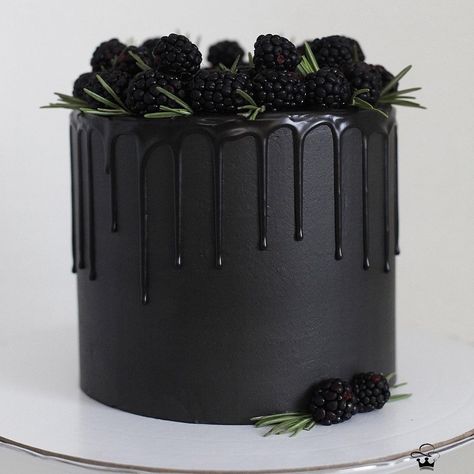 All Black Cake Birthday, Simple Black Cake, Black Theme Cake, Black Bday Cake, Gothic Birthday Cakes, Goth Cakes, Bolo Panda, 30th Birthday Themes, Black Cake